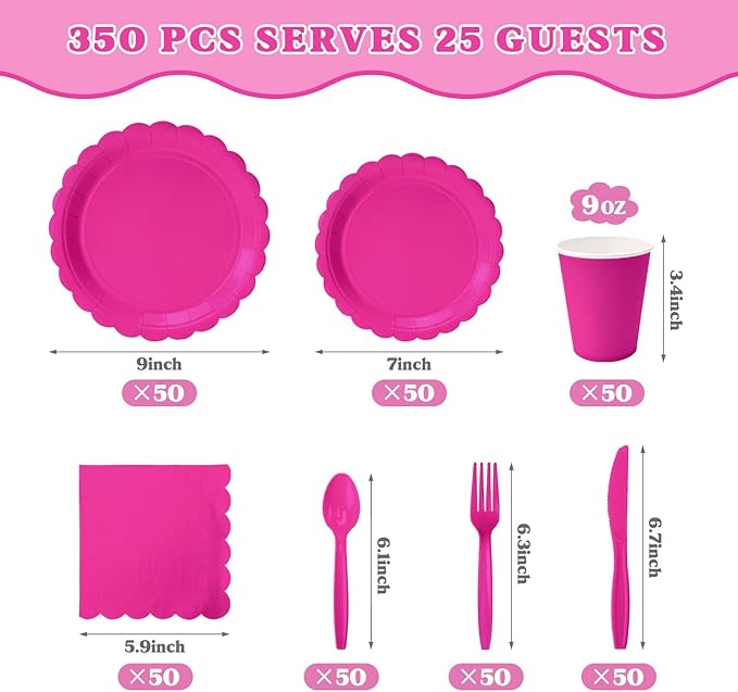 Vyntra 350 Pcs Hot Pink Disposable Paper Plates and Napkins Set for 50, 9" Dinner Plates & 7" Dessert Plates, Tableware for Birthday, Bachelorette, Party