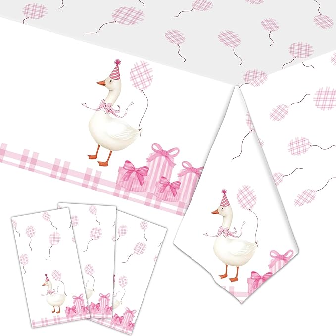 194 Pcs One Silly Goose Birthday Decor for 24 Guests - Pink Theme Party Supplies with Plates Napkins Cutlery Tablecloth and Banner, All-in-One Disposable Party Kit for Girls' Birthday