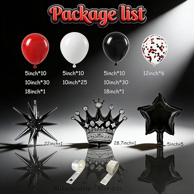 Black and Red White Balloon Garland kit,Red Black Confetti Crown star Foil balloons for Birthday Party anniversary wedding graduation