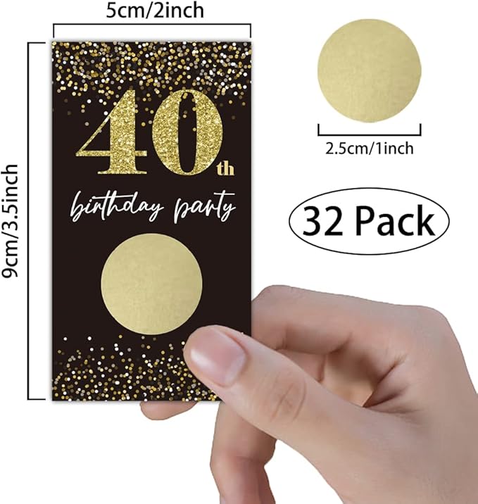 REWIDPARTY Black Gold 40th Birthday Party Scratch Off Game Cards（32 PCS） Cheers to 40 Years Party Supplies Happy 40th Birthday Party Scratch Cards Activity for Birthday Raffle Tickets Kids Adults