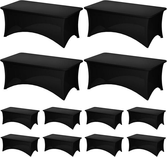 Fixwal 12 Pack Black Spandex Table Covers for 6 Foot Tables, Rectangular Fitted Stretch Table Cloth Rectangle Table for Wedding, Banquet, Party, Events