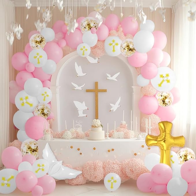 132Pcs First Holy Communion Pink Balloon Garland Arch Kit God Bless Baptism Party Decoration Christian Religious Decor Cross Dove Balloon Girl Mi Bautizo Christening Birthday Baby Shower Party Supplie