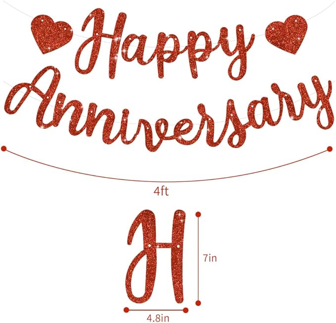 BEISHIDA Glitter Red Happy Anniversary Banner, Pre-Strung Happy Anniversary Banner,NO DIY - Happy Anniversary Garland, Happy Anniversary Sign for Anniversary Wedding Valentine's Day Party Decorations