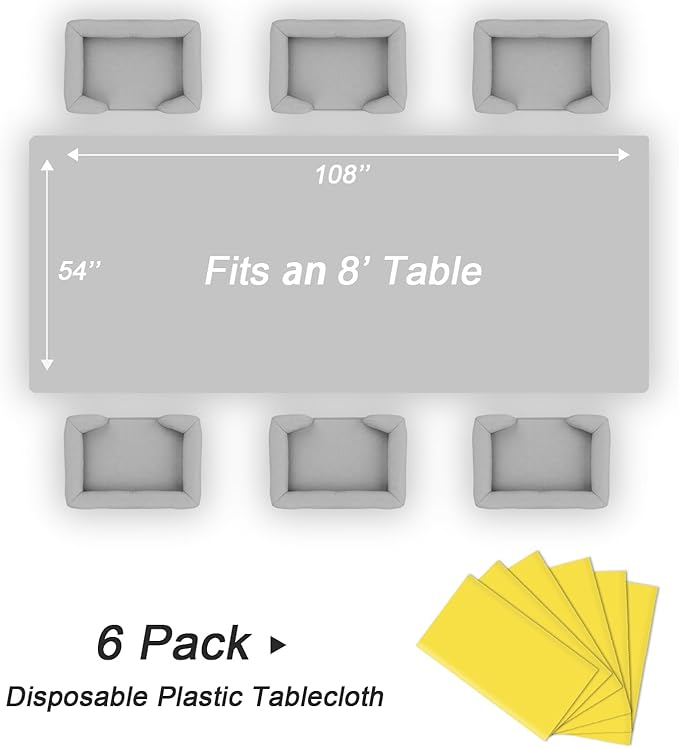 QIKSION Yellow Plastic Table Cloth Disposable 6 Pack, 54 x 108 Inch Tablecloths for Birthday Party, Easter Decorations, Rectangle Table Cover