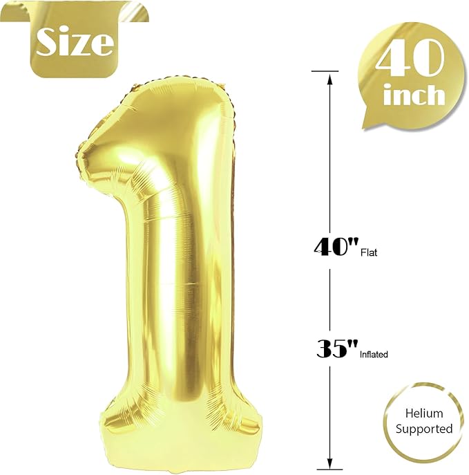 Champagne Gold Number 1 Balloon for First Birthday 40 Inch, White Gold 1st One Number Balloons Birthday Decorations for Girl Boy Toddler Baby