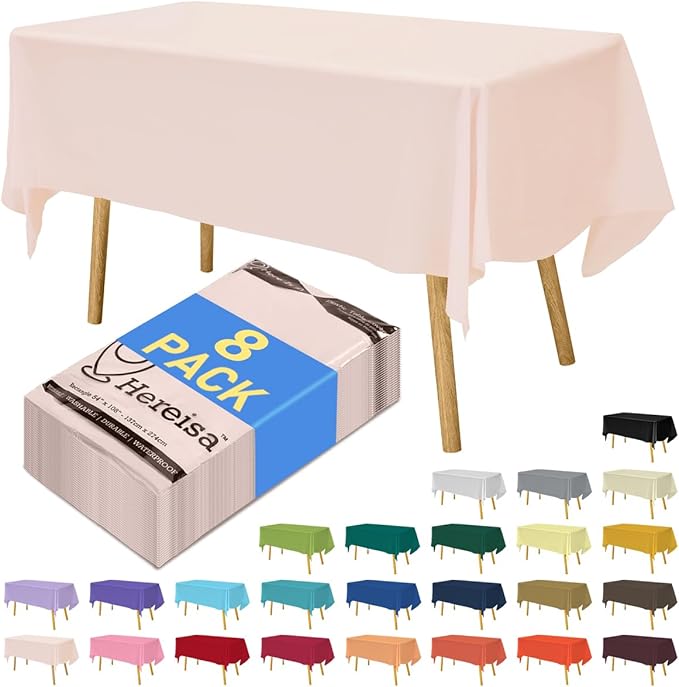 8-Count Blush Pink Disposable Plastic Tablecloths Rectangle 54x108 Inch - Extra Long Waterproof Banquet Table Covers for Parties & Catering