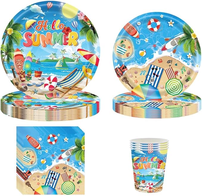 168PCS Summer Beach Party Supplies Serves 24, Blue Disposable Tableware Set Plates Cups Napkins Cutlery Straws for Men Women Boys Girls Summer Beach Pool Birthday Party Decorations