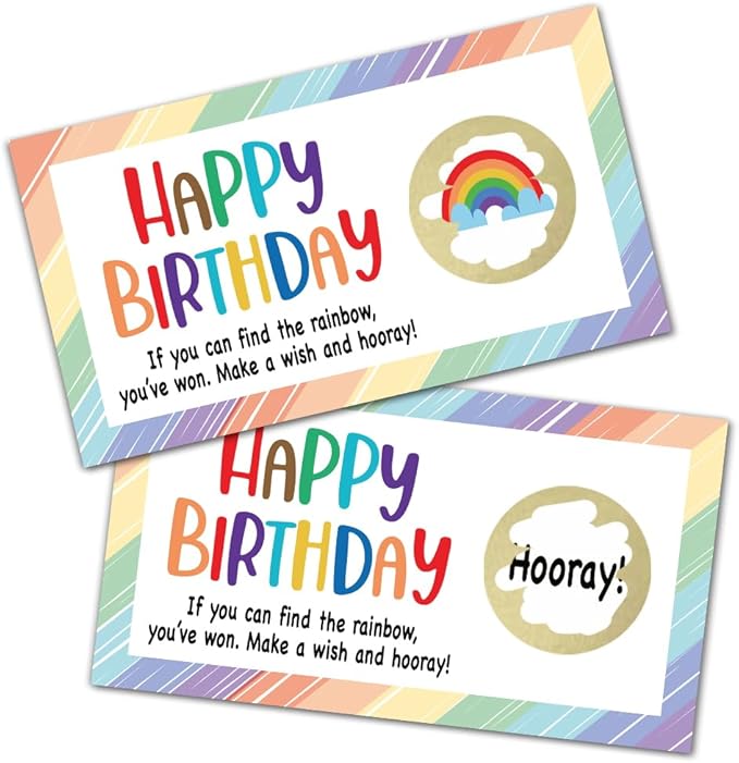 REWIDPARTY Happy Birthday Party Scratch Off Game Cards（32 PCS） Colorful Rainbow Birthday Scratch Off Tickets Christmas Birthday Holiday Special Event Raffle Tickets Supplies for Kids Teens Adults