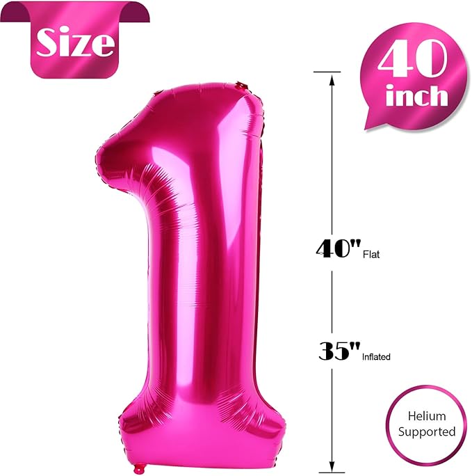 Hot Pink Number 1 Balloon 40 Inch, 1st Birthday Balloon for Baby Boy Girl Toddler First Birthday Decorations, Shiny Hot Pink Party Supplies