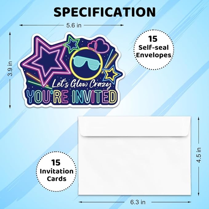 ERHACHAIJIA 15 PCS Let's Glow Crazy Glow Sticks Shaped Fill-In Invitations Cards With Envelopes, Funny Glow Neon Party Birthday Disco Raves Concert Camping Party Invites for Teen Boys Girls Adults