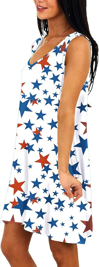 Deerose Women 4th of July Sleeeveless Dress Patriotic V Neck Tank Dresses with Pockets