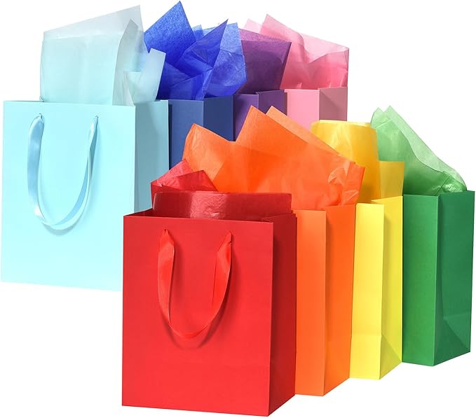 WrapNGo 8 PCS Gift Bags with 16 Tissues 8 Colors Party Favor Bags with Handles 8x5x10 Inch Goodie Bags for Party,Birthday,Baby Shower,Wedding, School Supplies and Gifts