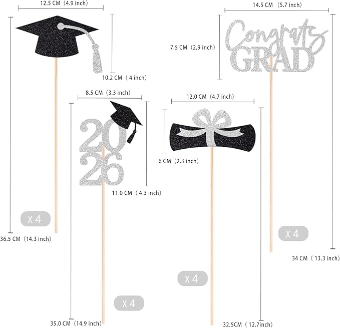 Gexolenu 16 PCS Silver and Black Double-Sided 2026 Graduation Centerpieces for Tables, 2026 Table Toppers Party Centerpiece Sticks Party Supplies, Graduation Party Decorations Class of 2026, Set of 4