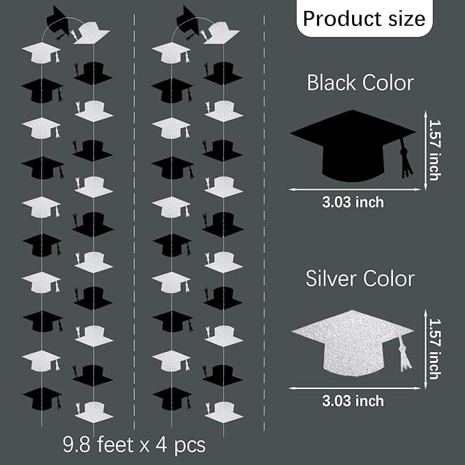 Black and Silver Graduation Garland Graduation Party Decorations Class of 2026 Grad Cap Garland Banner Streamers for Grad Party Hanging Decorations 39Feet