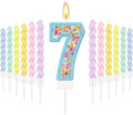 MTLEE Number 7 Birthday Candle Macaron Glitter 3D Number Candle with 12 Pcs Rainbow Spiral Candles in Holders for Girl Boy Cake Topper Wedding Anniversary Pastel Sweet Theme Party Decoration