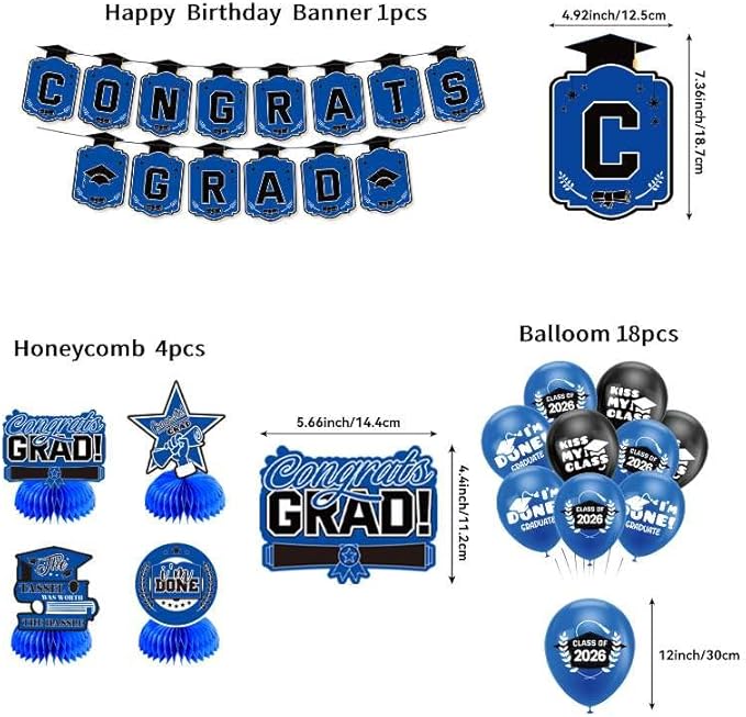 Graduation Decorations 2026 Blue Themed Set - Congrats Grad Banner, Class of 2026 Backdrop, Balloons & Streamers Kit - Complete Party Supplies for High School & College Celebrations