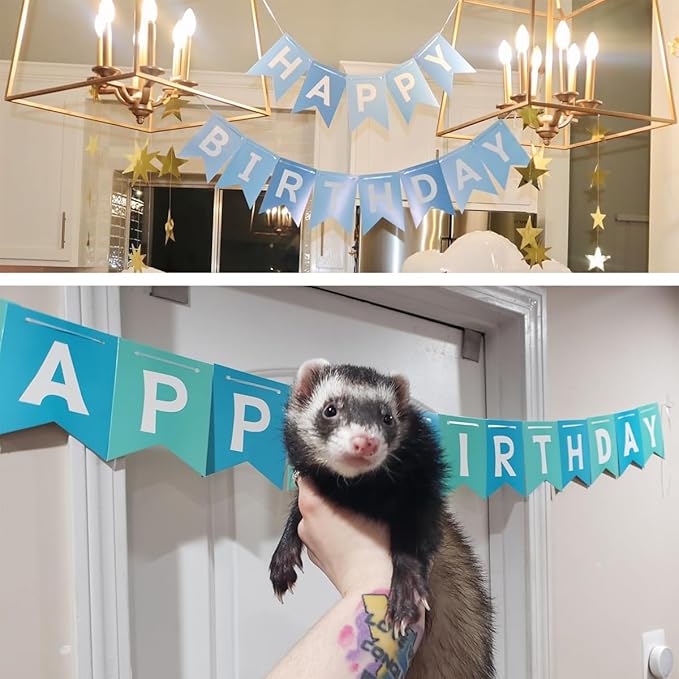 Happy Birthday Banner With Shiny Gold Letters, Swallowtail Design Hanging Signs Party Decorations (Tri-Color Blue)