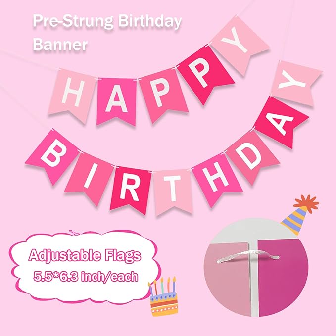 Happy Birthday Banner, Pink Colors Birthday Party Banner Assembled Garland Bunting Flags Women Men Girl Boy Party Hanging Decorations Indoor/Outdoor Supplies