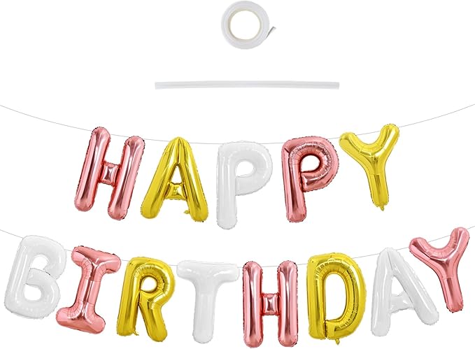 TONIFUL Happy Birthday Balloons Banner 16 Inch Mylar Foil Letters Birthday Sign Reusable for Girls Boys Kids & Adults Birthday Party Decorations Supplies（Rose Gold Gold White）