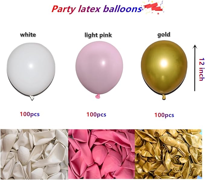 300 Pcs Pink Gold Balloons, 12 Inch Light Pink Metal Gold and White Bulk Latex Balloon, for Birthdays Weddings Baby Shower Party Decorations