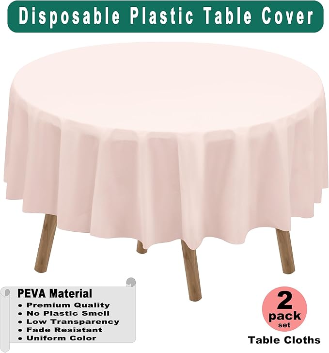 Blush Pink Plastic Tablecloths 2 Pack Light Peach Disposable Table Covers 84 Inch Circle Bridal Shower Party Tablecovers PEVA Table Cloths for Picnic Birthday Wedding Parties 6 ft Round Table Use