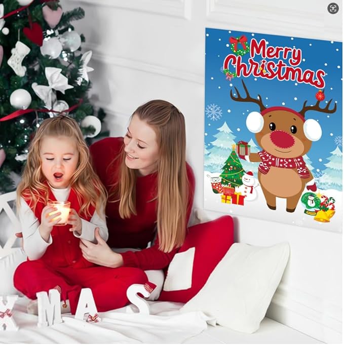 AUGSUN Pin The Nose on The Reindeer, Large Christmas Reindeer Poster Games Xmas Activities Winter Holiday Party Games for for Kids Adults Friends and Family Christmas Party Favors
