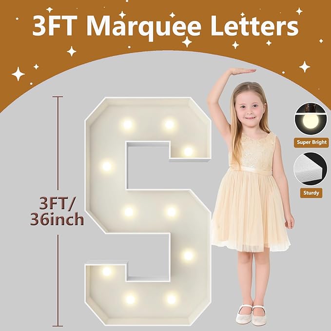 3FT Marquee Light Up Letters, Large Marquee Letters, Pre-cut Foam Board Letter S for Engagement Wedding Decorations Birthday Party Backdrop Decor, Balloon Arch Kit