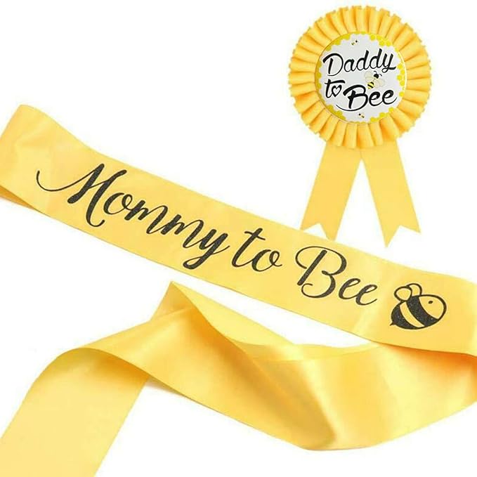 Baby Shower Decorations -'Mommy to Bee' Gold Sash and 'Daddy to Bee' Tinplate Badge Combo Kit Baby Shower Party Favors Decorations Gift for Pregnant Party Deco