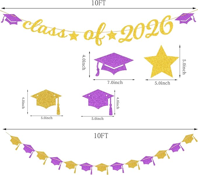 Purple White-Gold Party-Decorations Graduation Banner - 8pcs Kits Class of 2026 Cap Garland Streamers, Paper Tissue Pom Poms Flowers, Congratulations Grad Decor Lasting Surprise