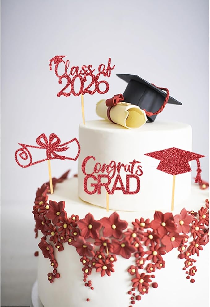 2026 Graduation Theme Cupcake Toppers Glitter Class of 2025 Graduation Cap Diploma Cupcake Picks - Set of 24 (Red2)