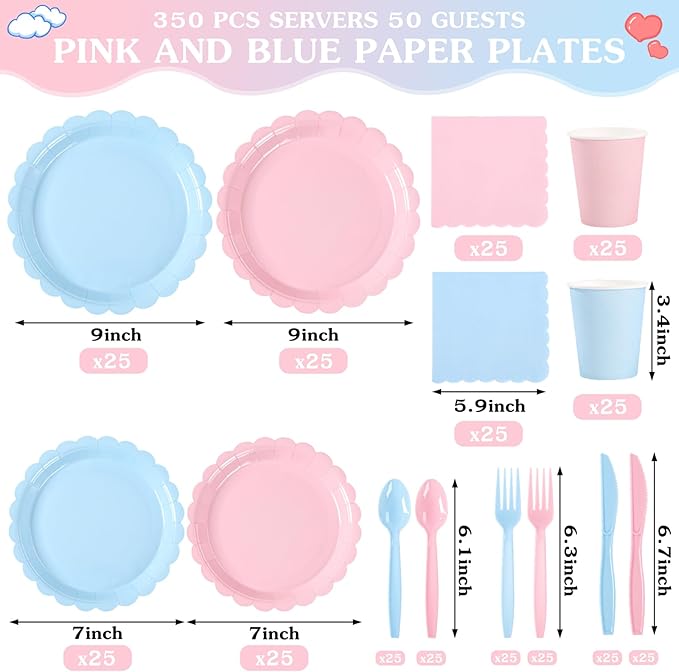 LIYH 350 Pcs Gender Reveal Pink and Blue Plates and Napkins Set for 50 Guest Party Supplies Include Scalloped Paper Plates Cocktail Napkins Cups Spoons Forks Knives for Baby Shower, Birthday, Easter