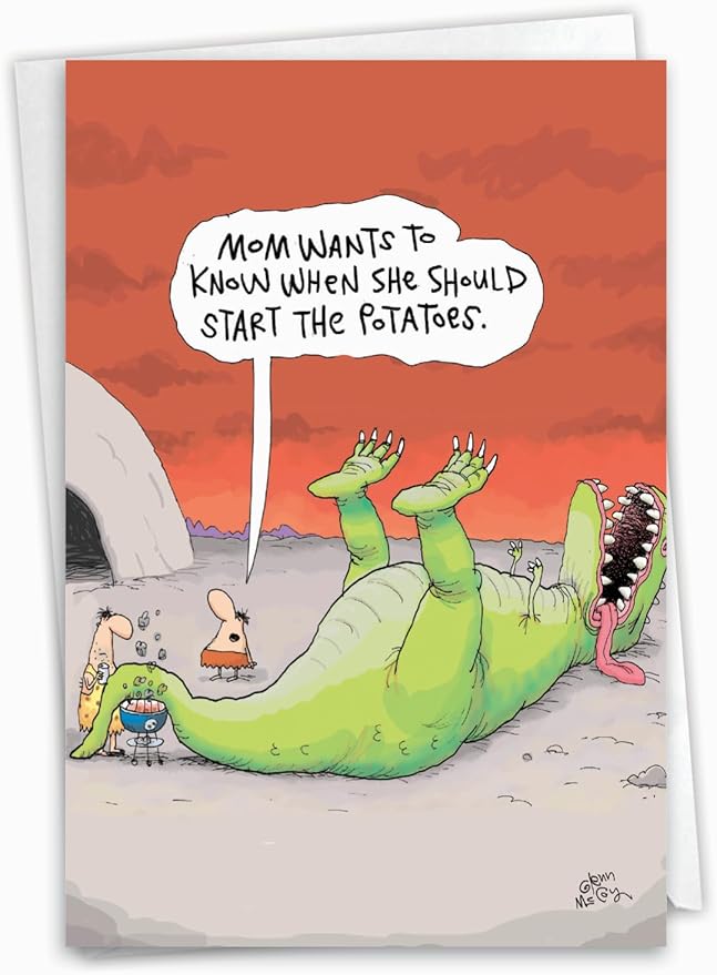 NobleWorks Hysterical Birthday Paper Card with 5 x 7 Inch Envelope (1 Card) for Men and Women, Dinosaur Barbecue C7888BDG