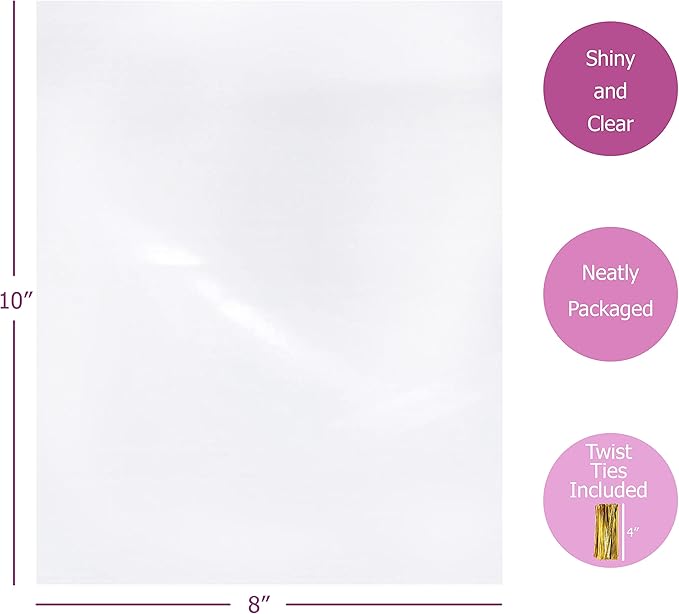 Purple Q Crafts Clear Plastic Cellophane Bags with 4" Colored Twist Ties for Gifts Party Favors (8"x10" 50 Pack)