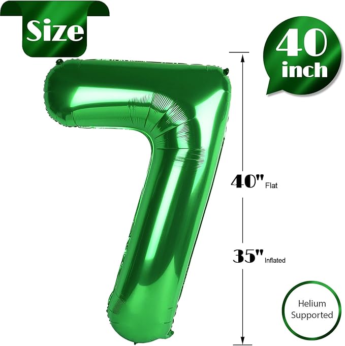 Green Number 7 Balloon 40 Inch, 7 Balloon Number, 7th Birthday Decorations, Green Party Supplies for Boys Girls