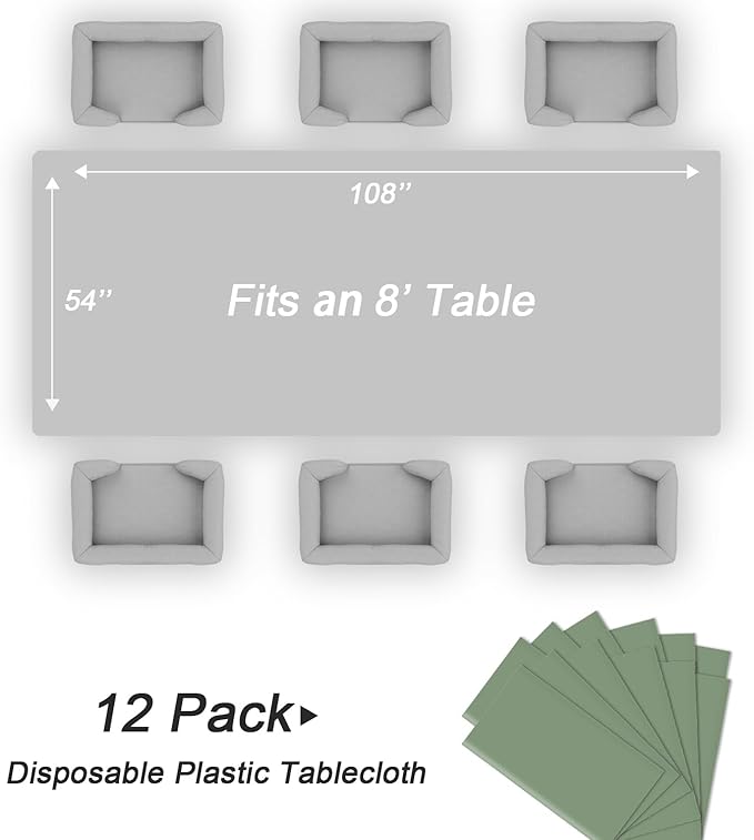 QIKSION Sage Green Plastic Table Cloth Disposable 12 Pack, 54 x 108 Inch Tablecloths for Baby Shower Birthday Bridal Wedding Party Decorations, Rectangle Table Cover