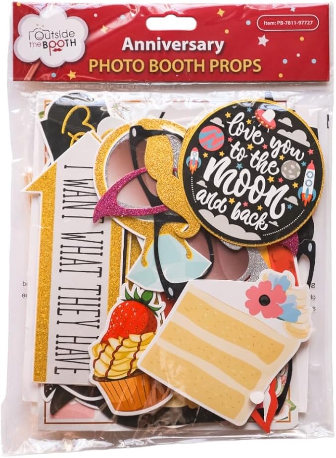 Anniversary Photo Booth Props - 41-pc Photobooth Kit with 8 x 10-Inch Sign, 60 Adhesive Pads, 45 Sticks - Wedding Anniversary Photo Props - Wedding Photo Booth Props