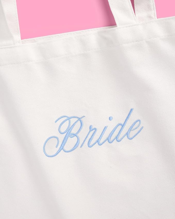 xo, Fetti White Bride Canvas Tote Bag, Blue Satin Bows | Bachelorette Party Decorations, Bride To Be Purse Accessory, Bridesmaid Gift, Bridal Shower Supplies, Engagement Party Favor