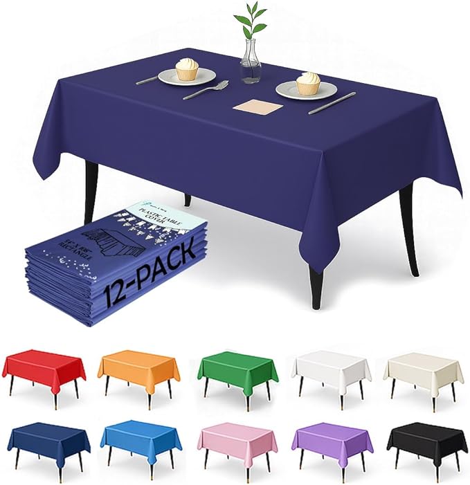 Craft And Party 12-Pack Navy Blue Plastic Tablecloths – 54 x 108 Inch Disposable Table Covers for Rectangle Tables, Heavy Duty & Waterproof for Parties, Events, Banquets, Navy Blue