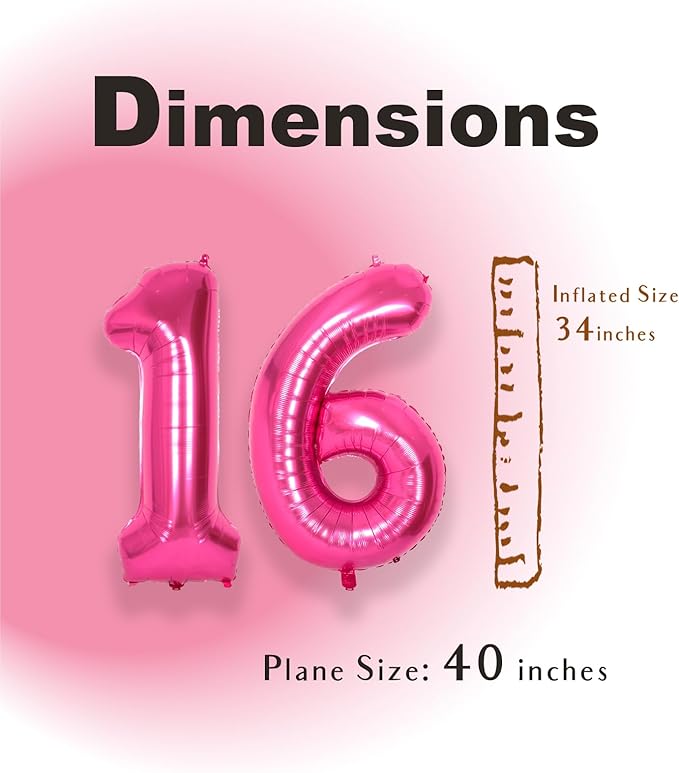 SUWEN 40 Inch Hot Pink Large 16 Number Balloons Big Foil Helium Number Balloons 0-9 Jumbo Happy 16th Mylar Birthday Party Decorations for Girl or Women 61 Anniversary Party Supplies