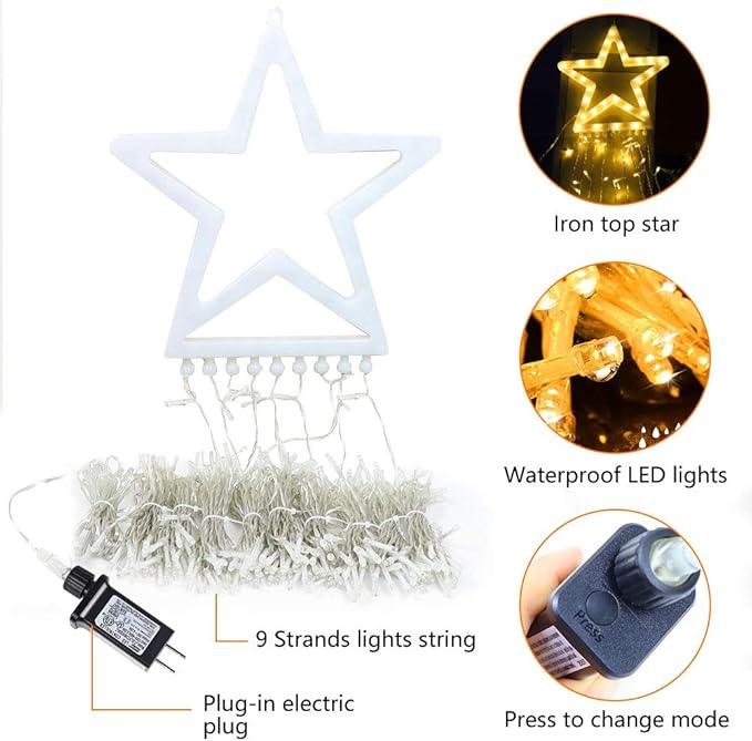 Christmas Decoration Star Lights Outdoor, 320 LED 16.4Ft Christmas Tree Toppers String Lights[8 Modes& Waterproof] for Halloween Xmas New Year Holiday Birthday (Warm White)