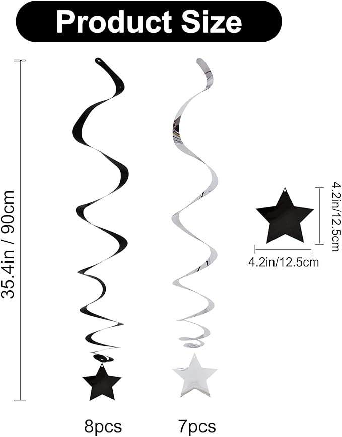 BEISHIDA Black Silver Stars Hanging Swirls Bachelorette Graduation Hanging Ornament Decorations for Birthday Party Supplies Congrats Grade 2026 Graduation Decorations,Pack of 15