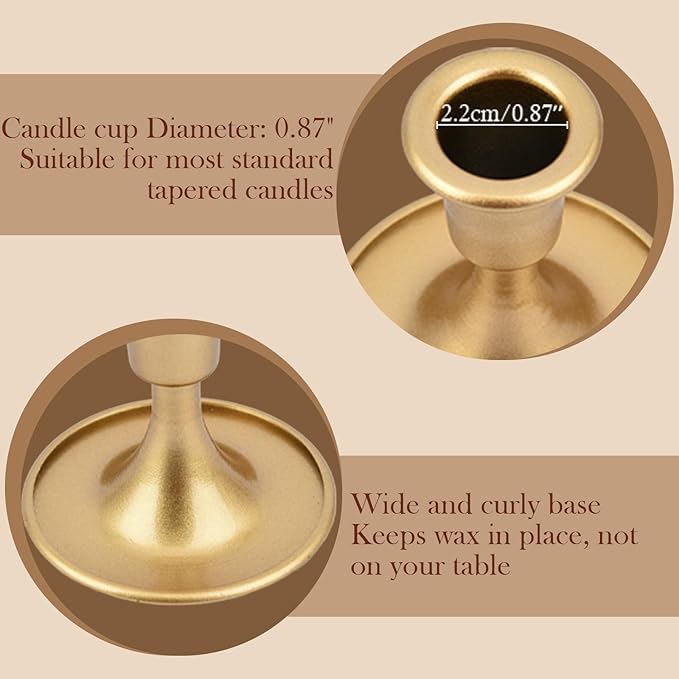 Gold Candle Holders Set of 3, Vintage Short Metal Taper Candlestick Holders Small for Dining Table, Fireplace Mantel, Wedding, Party, Anniversary, Christmas Thanksgiving Home Decor Gold-3