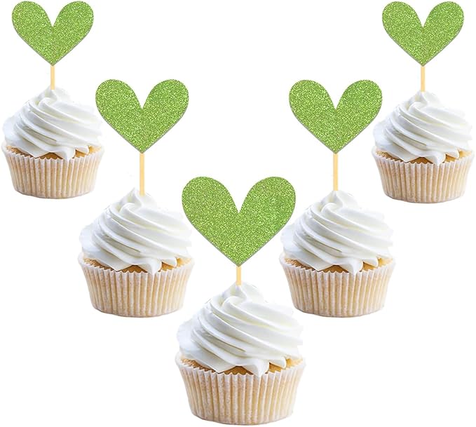 24Pcs Glitter Heart Cupcake Toppers for Valentine's Day Decorations, Mixed Size Double-Sided Heart Valentine's Day Cupcake Toppers for Wedding Bridal Shower Party Decorations (Green)