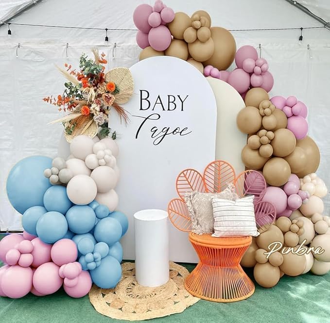 Dusty Rose Brown Balloon Garland Blue Pink Double Stuffed Tan White Sand Balloon Latex Pastel Arch Kit for Gender Reveal Baby Shower Birthday Bridal Shower Wedding Party Decorations