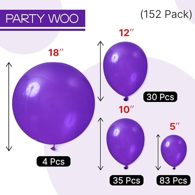 PartyWoo Dark Purple Balloons 152pcs Different Sizes of 18 12 10 5 Inch Royal Purple Balloon Arch Kit Garland for Birthday Baby Shower Graduation Anniversary Bachelorette Party Decorations Purple-Y16