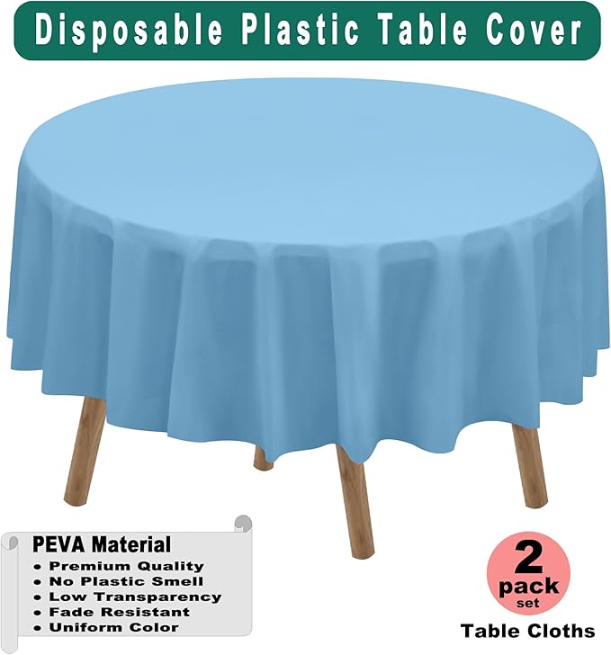 PARTY ULYJA Light Blue Plastic Tablecloths 2 Pack Disposable Table Covers 84 Inch Circle Baby Shower PEVA Sky Blue Table Cloths for Picnic Birthday Wedding Banquet Parties 6 ft Round Table Use