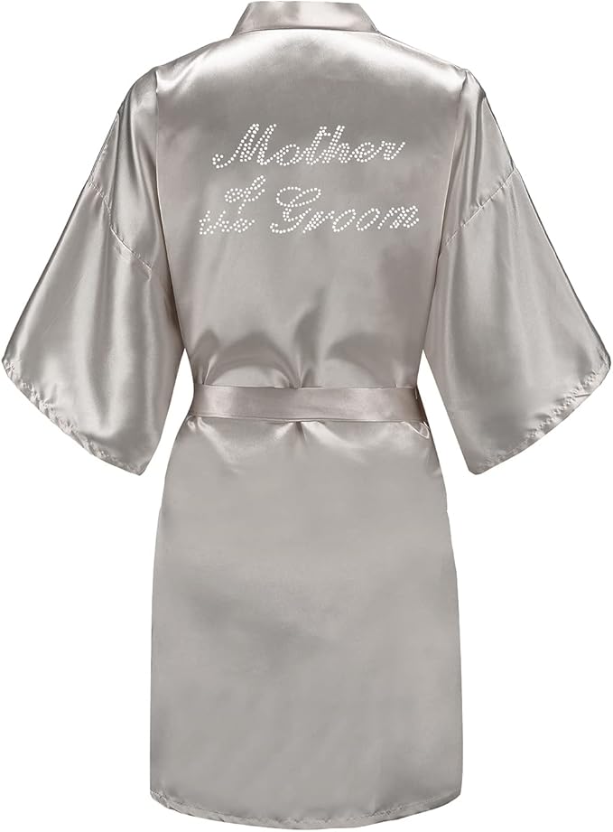 EPLAZA Women's One Size Silver Rhinestones Bride Bridesmaid Short Satin Robes for Wedding Party Getting Ready