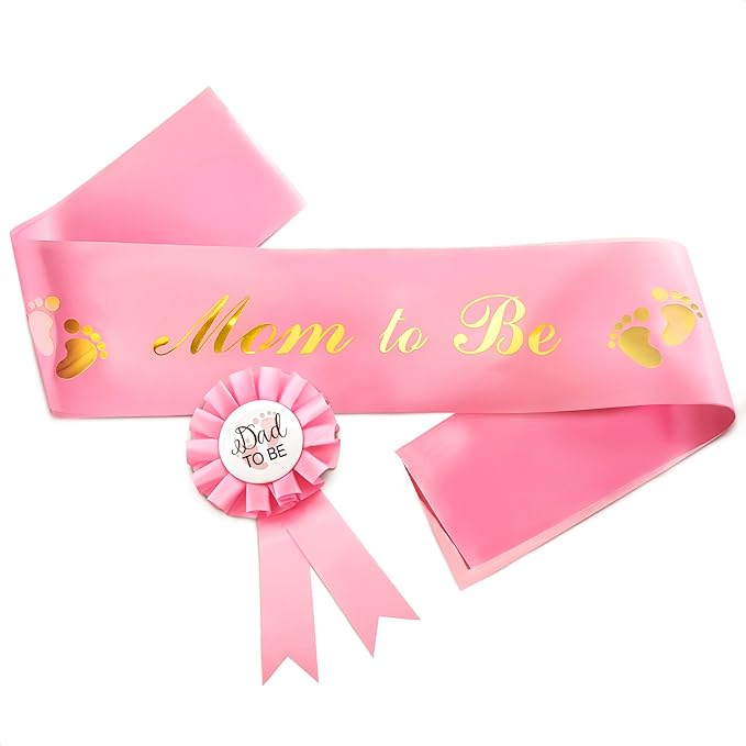 Pink Baby Shower Decorations for Girl and Pins for Dad - Glossy Girl Baby Shower Decorations Made from Soft & Smooth Satin, Daddy Brooch & Mommy to Be Sash - Party Mom to Be Sash That Doesn't Wrinkle