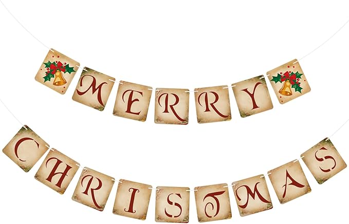 Vintage Merry Christmas Banner Decorations - Retro Nostalgic Traditional Old Fashioned Victorian Xmas Bunting Garland for Indoor/Outdoor Party Supplies, Home, Office, Classroom, Fireplace and More