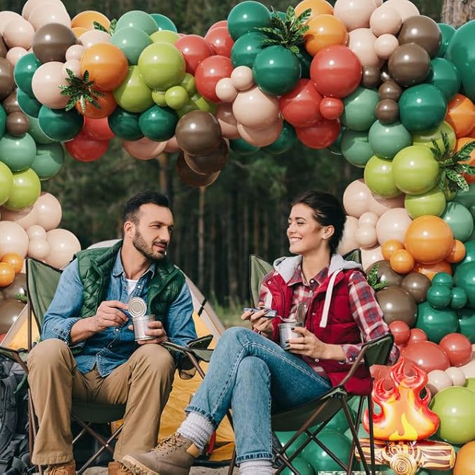Camping Balloon Arch Kit, Dark Sage Green Orange and Brown Latex Balloons with Campfire Foil Balloon, 157Pcs for Camping Forest Jungle Safari Woodland Birthday Party Decorations